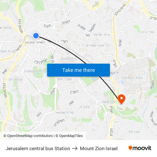Jerusalem central bus Station to Mount Zion Israel map