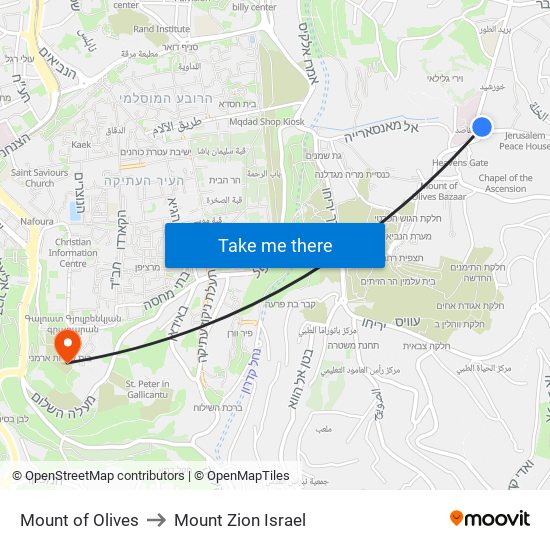 Mount of Olives to Mount Zion Israel map