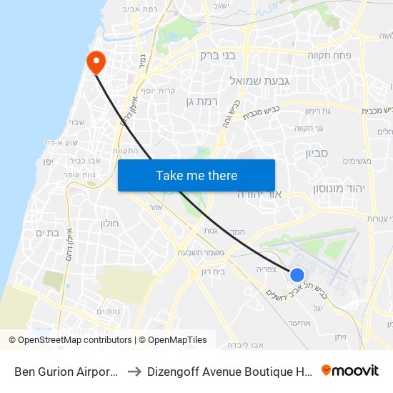 Ben Gurion Airport Station to Dizengoff Avenue Boutique Hotel Tel Aviv map