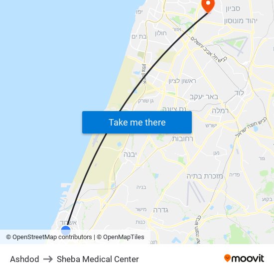 Ashdod to Sheba Medical Center map