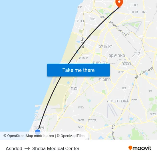 Ashdod to Sheba Medical Center map