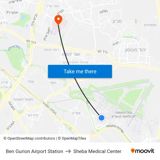 Ben Gurion Airport Station to Sheba Medical Center map