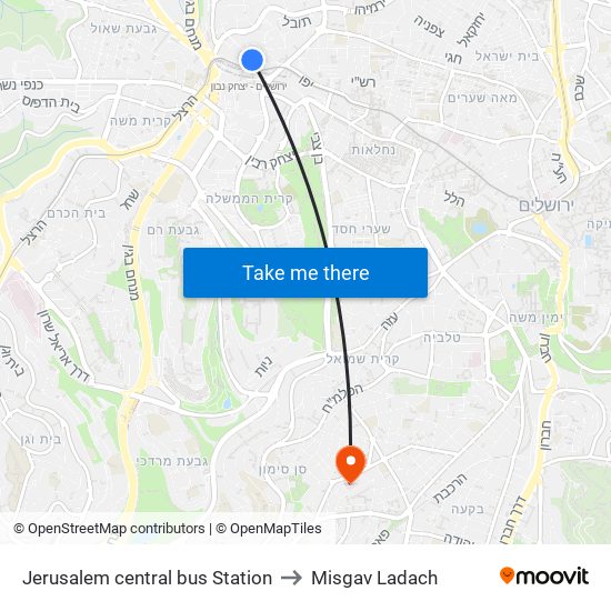 Jerusalem central bus Station to Misgav Ladach map