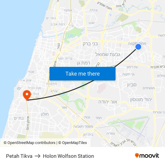 Petah Tikva to Holon Wolfson Station map