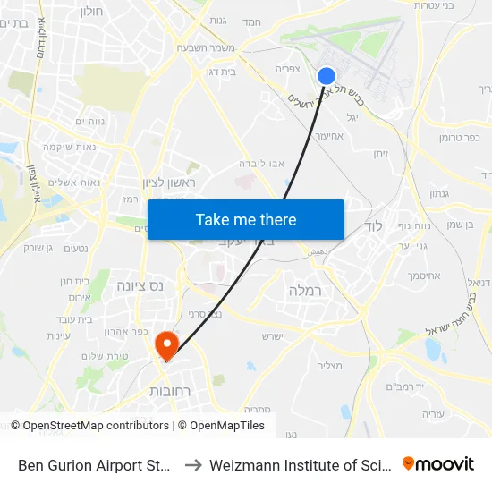 Ben Gurion Airport Station to Weizmann Institute of Science map