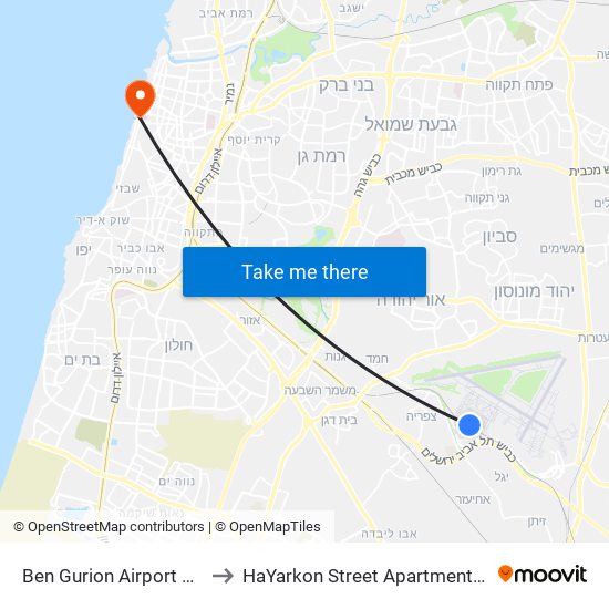 Ben Gurion Airport Station to HaYarkon Street Apartment Tel Aviv map