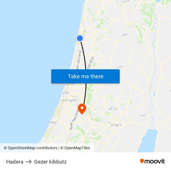 Hadera to Gezer kibbutz map