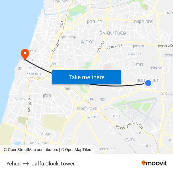 Yehud to Jaffa Clock Tower map