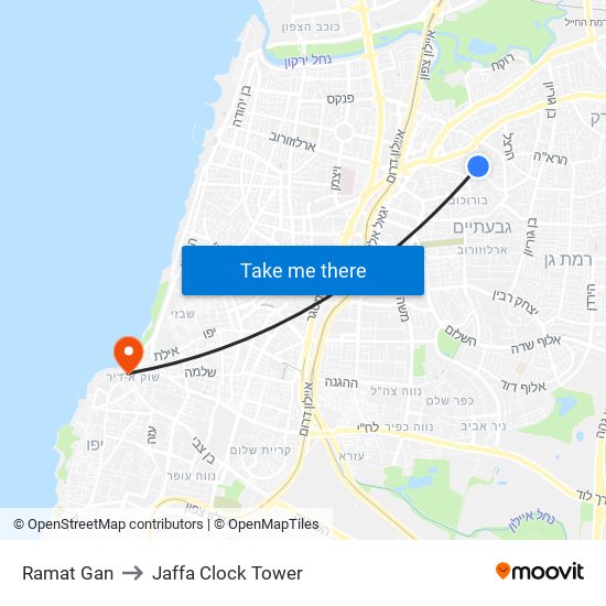 Ramat Gan to Jaffa Clock Tower map