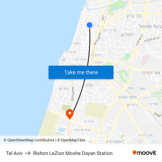 Tel Aviv to Rishon LeZion Moshe Dayan Station map