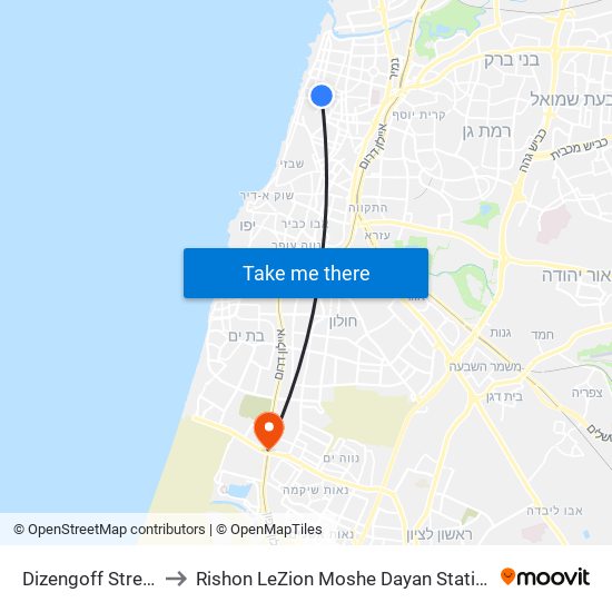 Dizengoff Street to Rishon LeZion Moshe Dayan Station map