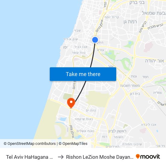 Tel Aviv HaHagana Station to Rishon LeZion Moshe Dayan Station map