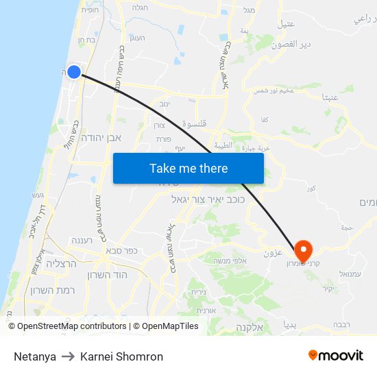 Netanya to Karnei Shomron map