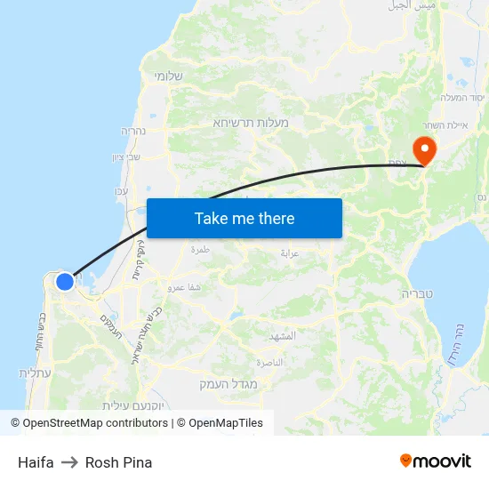 Haifa to Rosh Pina map