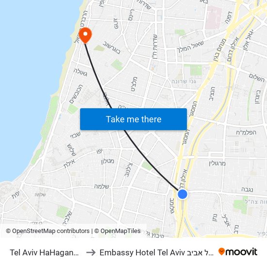Tel Aviv HaHagana Station to Embassy Hotel Tel Aviv מלון אמבסי תל אביב map