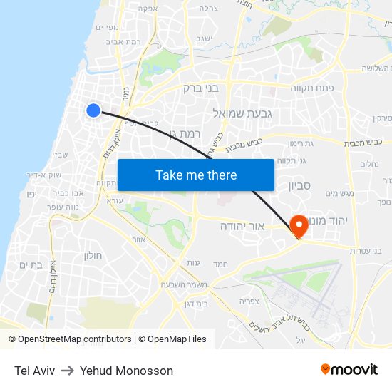 Tel Aviv to Yehud Monosson map