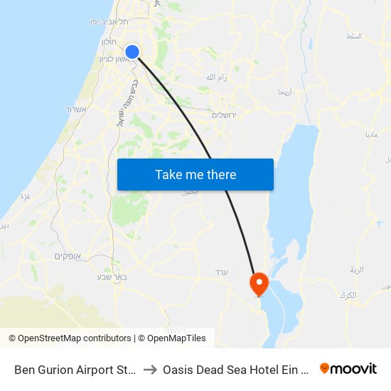 Ben Gurion Airport Station to Oasis Dead Sea Hotel Ein Bokek map