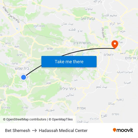 Bet Shemesh to Hadassah Medical Center map