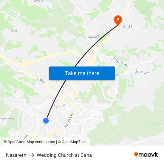 Nazareth to Wedding Church at Cana map