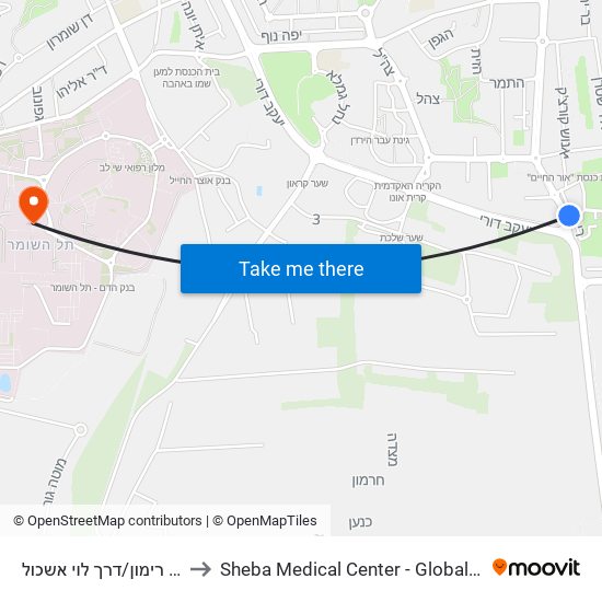 מרכז מסחרי רימון/דרך לוי אשכול to Sheba Medical Center - Global Patient Services map