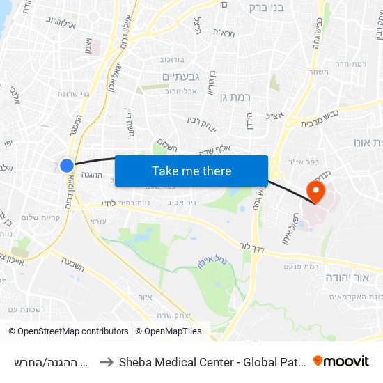 ת. רכבת ההגנה/החרש to Sheba Medical Center - Global Patient Services map