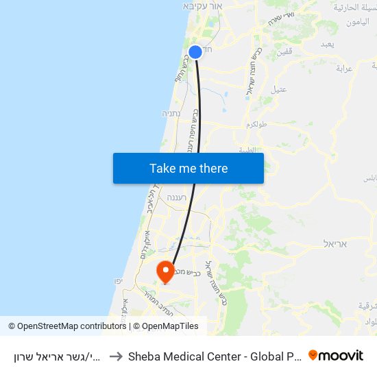 דוד שמעוני/גשר אריאל שרון to Sheba Medical Center - Global Patient Services map