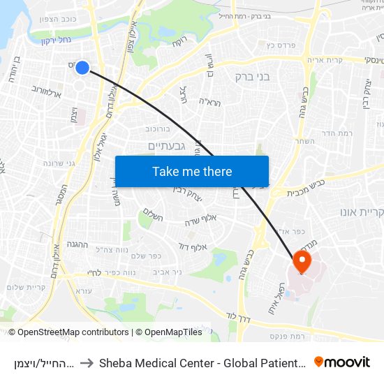 בית החייל/ויצמן to Sheba Medical Center - Global Patient Services map