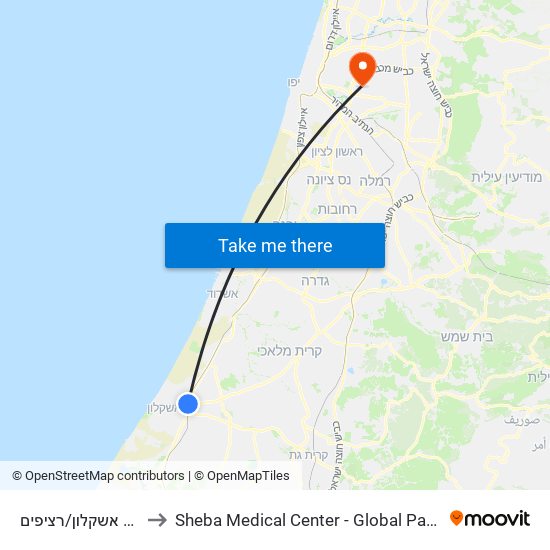 ת. רכבת אשקלון/רציפים to Sheba Medical Center - Global Patient Services map