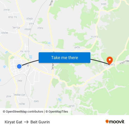 Kiryat Gat to Beit Guvrin map