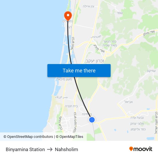 Binyamina Station to Nahsholim map