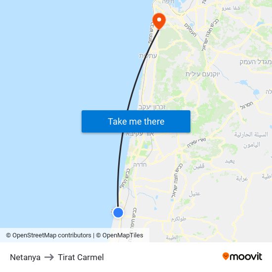 Netanya to Tirat Carmel map