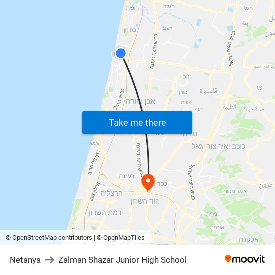 Netanya to Zalman Shazar Junior High School map