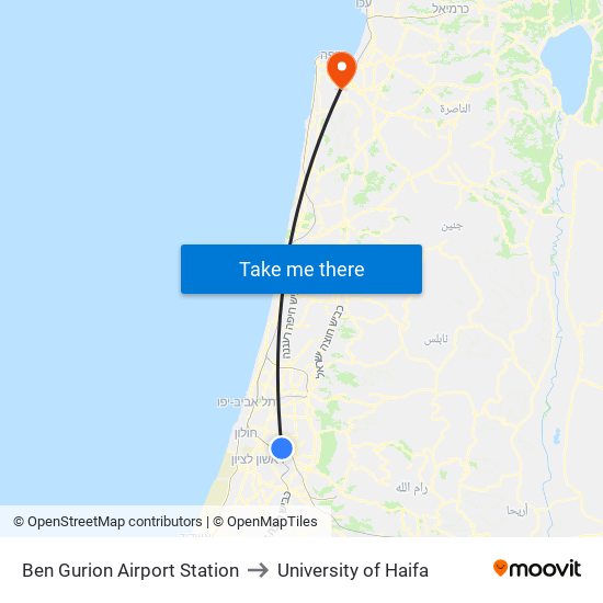 Ben Gurion Airport Station to University of Haifa map