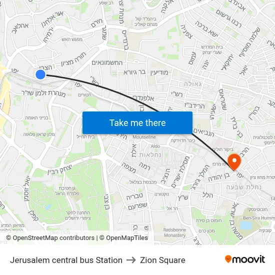 Jerusalem central bus Station to Zion Square map