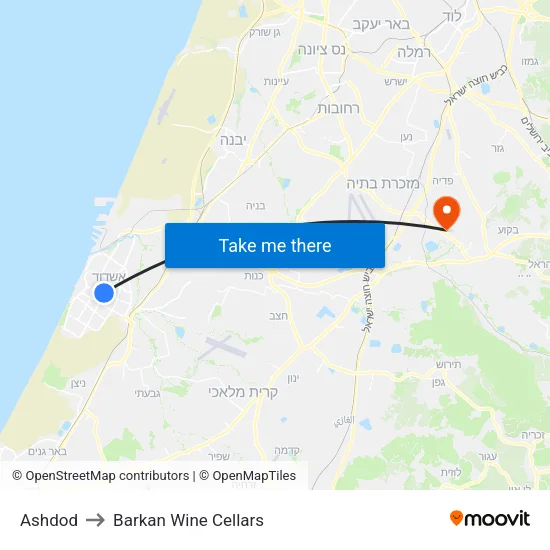 Ashdod to Barkan Wine Cellars map