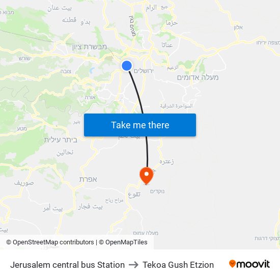 Jerusalem central bus Station to Tekoa Gush Etzion map