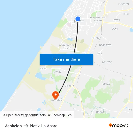 Ashkelon to Netiv Ha Asara map