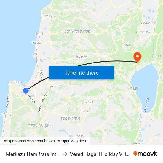 Merkazit Hamifrats Inter City Platforms to Vered Hagalil Holiday Village Hotel Chorazim map
