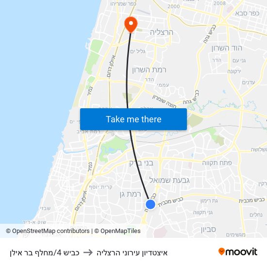 כביש 4/מחלף בר אילן to איצטדיון עירוני הרצליה map