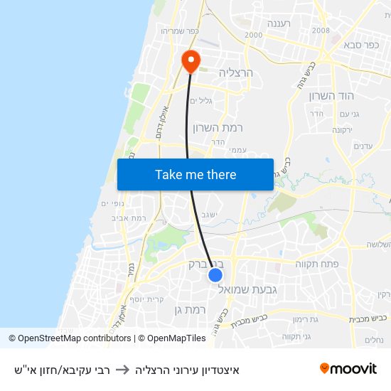 רבי עקיבא/חזון אי''ש to איצטדיון עירוני הרצליה map