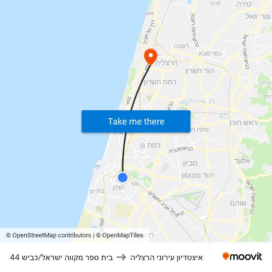 בית ספר מקווה ישראל/כביש 44 to איצטדיון עירוני הרצליה map