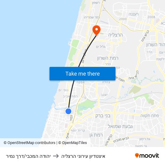 יהודה המכבי/דרך נמיר to איצטדיון עירוני הרצליה map