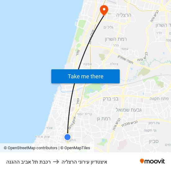 רכבת תל אביב ההגנה to איצטדיון עירוני הרצליה map