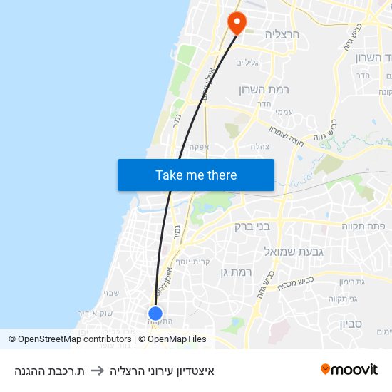 ת.רכבת ההגנה to איצטדיון עירוני הרצליה map