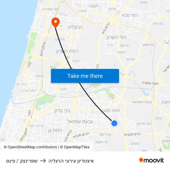 שפרינצק / פינס to איצטדיון עירוני הרצליה map