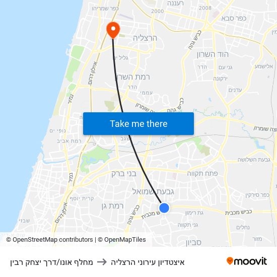 מחלף אונו/דרך יצחק רבין to איצטדיון עירוני הרצליה map