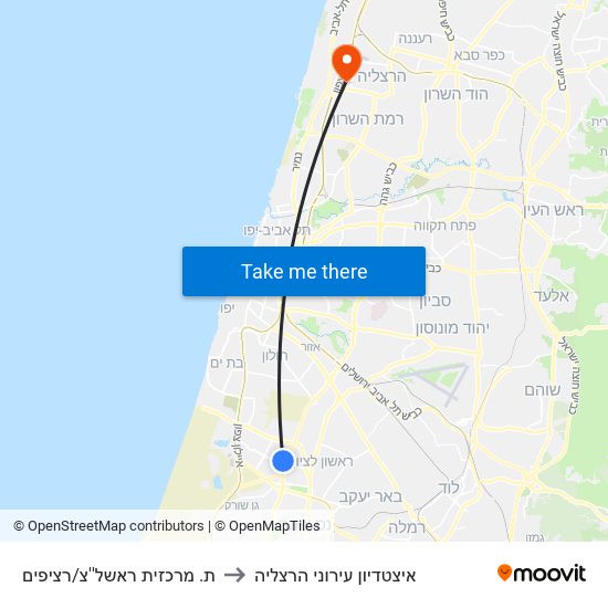 ת. מרכזית ראשל''צ/רציפים to איצטדיון עירוני הרצליה map