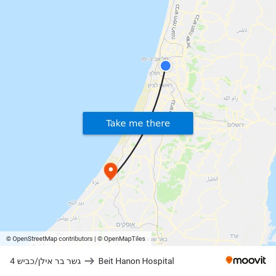 גשר בר אילן/כביש 4 to Beit Hanon Hospital map