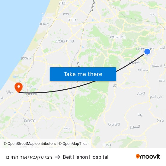 רבי עקיבא/אור החיים to Beit Hanon Hospital map