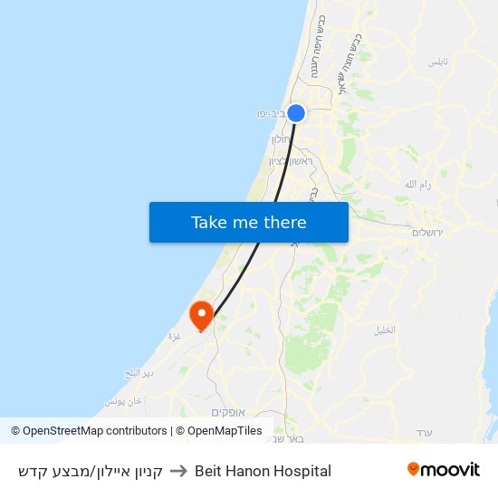 קניון איילון/מבצע קדש to Beit Hanon Hospital map